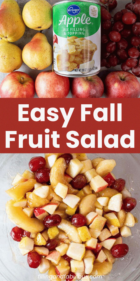 This easy Fall Fruit Salad (aka Apple Pie Fruit Salad) takes just minutes to make and is a delicious addition to your fall get-togethers, holiday gatherings, and casual meals! You'll quickly add this to your list of your favorite fall side dishes. Fruit Salad With Apple Pie Filling, Fall Fruit Side Dishes, Fruit For Thanksgiving Dinner, Fruit Salad Recipe Thanksgiving, Fruit Salad With Apples And Oranges, Fruit Salad Thanksgiving Recipes, Thanksgiving Fruit And Veggie Tray, Easy Thanksgiving Fruit Salad, Light Fruit Salad