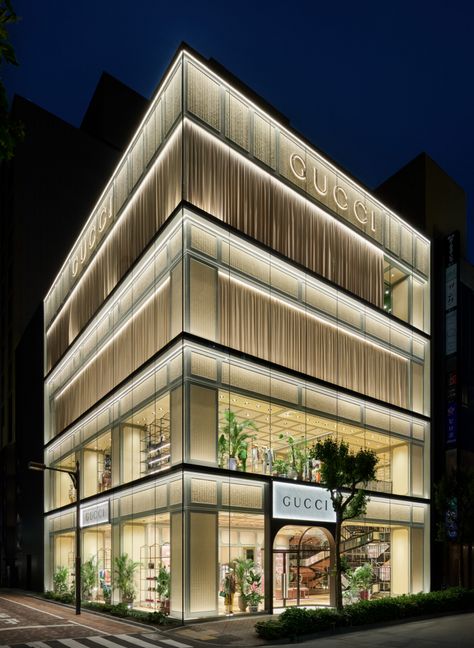 » Gucci flagship store Gucci House, Perforated Panel, Store Architecture, Glass Facade, Retail Facade, Commercial Design Exterior, Ginza Tokyo, Shop Facade, Shopping District