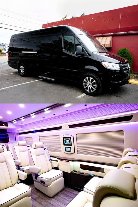 The Mercedes-Benz Sprinter built by HQ Custom Design offers a lavish experience with 10-passenger seating, motorized TV, Creston control, multi-color LED lighting, and more! #customization #customvehiclebuild #mercedessprinter #custommade #luxurylife #luxurylifestyle #hqdesign #hqcustomdesign Luxury Sprinter Van Mercedes Benz, Mercedes Benz Sprinter Luxury, Mercedes Sprinter Luxury, Mercedes Sprinter Van Conversion, Mercedes Benz Van, Mercedes Benz Sprinter Van, Limousine Interior, Mercedes Benz Vans, Mercedes Van