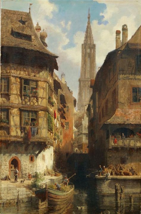 German Paintings, German Buildings, Germany Painting, France Oil Painting, 16th Century Paintings, Gothic Drawings, German Architecture, Medieval City, Medieval Paintings