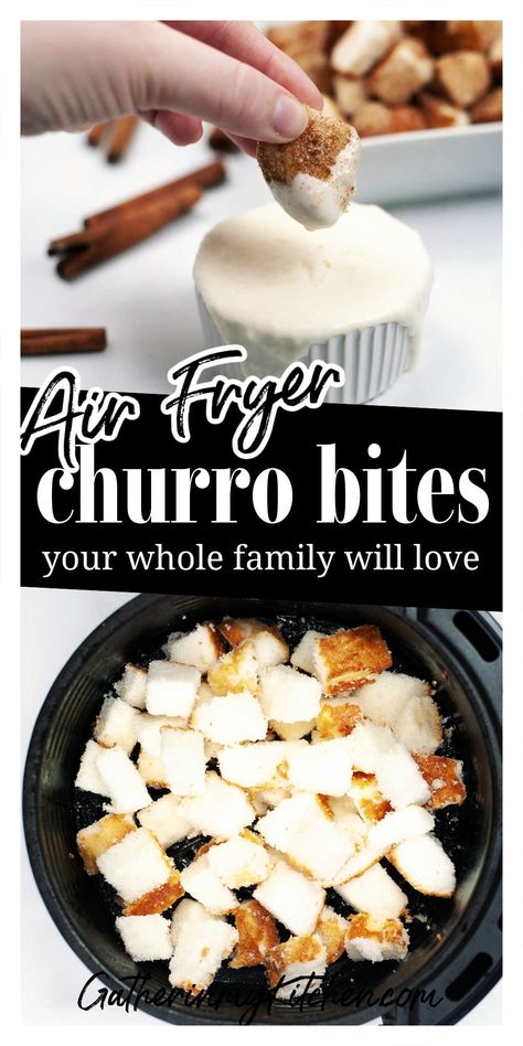 Discover the joy of making these easy air fryer churro bites. Made from angel food cake, these bites are light, fluffy, and perfectly sweet. And with a delectable cream cheese dip on the side, you're in for a real treat! This is the perfect dessert recipe for anyone looking for new sweet recipes to try. Air Fryer Churros, Churro Cake, Air Fryer Dessert, Creamy Dipping Sauce, Cheese Dipping Sauce, Churro Bites, Homemade Churros, Cream Cheese Sauce, Cream Cheese Dip