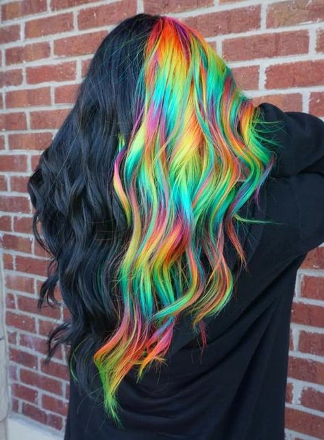 Exotic Hair Color, Color Block Hair, Split Dyed Hair, Hair Color Underneath, Vivid Hair Color, Rainbow Hair Color, Creative Hair Color, Multi Colored Hair, Neon Hair