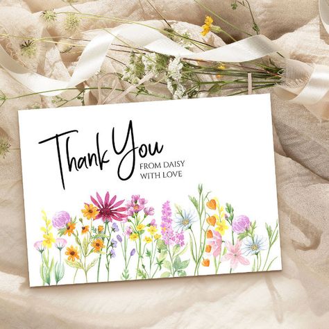 Wildflower Meadow Personalized Thank You Card Wildflower Themed Birthday, Wildflower Border, Birthday Card For Women, Watercolor Hand Lettering, Wildflower Baby Shower, Pretty Watercolor, Custom Thank You Cards, Wildflower Meadow, Personalized Thank You Cards