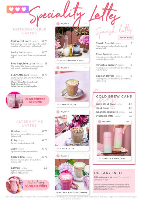 EL&N | Wardour Street Menu – EL&N London Menu Cafeteria, Coffee Shop Menu Ideas, Girly Coffee Shop, Coffee Menu Design, Hotel Menu, Pink Hotel, Cafe Menu Design, Pink Cafe, Coffee Shop Menu