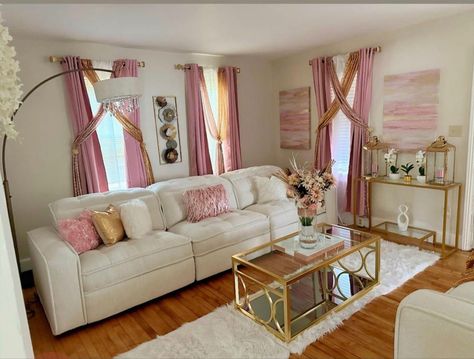 I used my daughters baby shower back drop curtains which were rose gold, gold and white to help create this look. Pink And Brown Living Room, Off White Living Room, Window Behind Bed, Curtain Wall, Back Drop, Brown Living Room, White Living, White Living Room, Pink And Brown