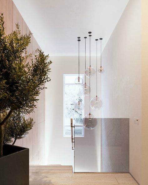 Minimalist Entrance Chandelier, Pendant Light In Stairwell, Stairway Chandelier Entryway, Pendant Light Stairwell, Stairs Lighting Ideas, Minimalist Staircase, Ukraine Design, Staircase Glass, Staircase Pendant Lighting