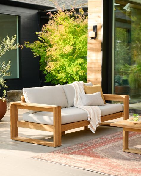 Our latest teak outdoor furniture arrivals feature classic profiles and durable construction—made to last throughout the season. Modern Wood Sofa Living Room, Outside Couch, Modern Wood Sofa, Wooden Couch, Teak Outdoor Furniture, Teak Sofa, Interior Design Resources, Contract Design, Teak Oil