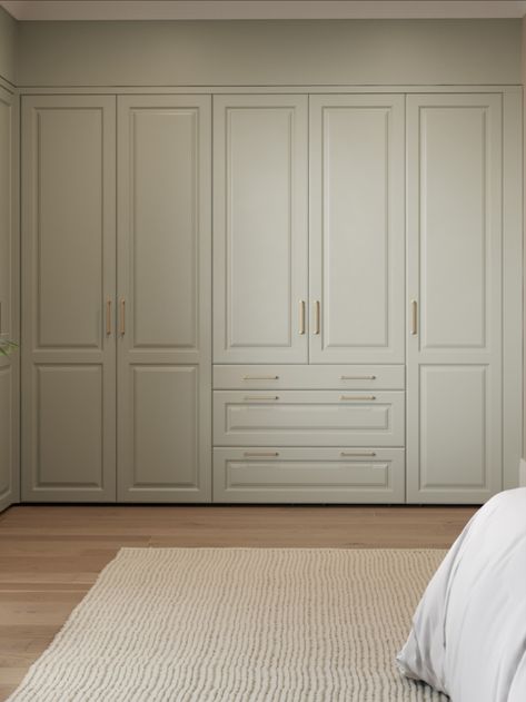 Sage Wardrobe Bedroom, Sage Green Bedroom Wardrobe, Sage Green Built In Wardrobe, Sage Green Wardrobe, Green Wardrobe Bedroom, Sage Wardrobe, Bedroom Cupboard Ideas, Sage Bedroom, Fitted Wardrobes Bedroom