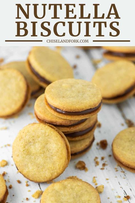 These nutella biscuits are inspired by Ferrero's popular treat, made with hazelnut spread sandwiched between two honey shortbread cookies. #nutellabiscuits #dessert #cookies #nutella | chiselandfork.com Honey Shortbread Cookies, Honey Shortbread, Mexican Wedding Cookies Recipes, Nutella Cookies Recipe, Nutella Biscuits, Mini Nutella, Dessert Cookies, Nutella Desserts, Homemade Nutella