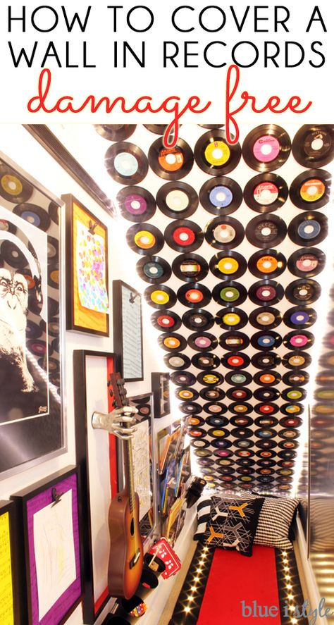 How to hang a record feature wall Hang Records On Wall, Records On Wall, Hanging Records, Record On Wall, Diy Vinyl Record, Vinyl Record Wall Decor, Basement Wall Colors, Vinyl Record Decor, Record Wall Decor