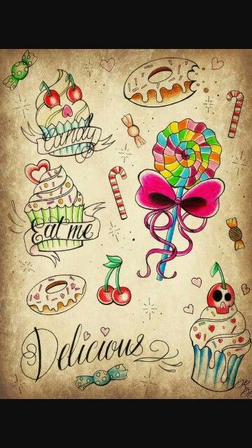 Sweet tattoo ideas Cupcake Tattoo Designs, Sweet Drawing, Tree Roots Tattoo, Candy Tattoo, Cupcake Tattoos, Roots Tattoo, Flash Drawing, Candy Drawing, Sweet Tattoos