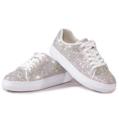 PRICES MAY VARY. Sparkle Rhinestone Sneakers - White studded inspired women's glitter sneakers featuring shimmering fabric and rhinestones. Dazzling gemstones rhinestones, sequins and glitter create a bold look and add some sparkle and glamor to your outfit. Versatile and Comfortable - Sparkly bling sneaker with a flat sole and soft insole for stability, support and a comfortable walking experience. Even after partying at a concert all day long, your feet won't feel sore. Experience all-day comf Sneakers For Homecoming, Hoco Sneakers, Party Bride Dress, Sparkle Tennis Shoes, Womens Glitter Sneakers, Stylish Tennis Shoes, Hoco Outfits, Wardrobe Renovation, Wedding Sneakers For Bride