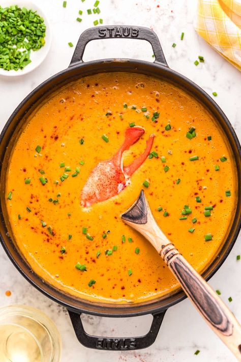 Lobster Bisque is an absolutely divine soup that has tender chunks of lobster meat in a creamy bisque that's made with homemade lobster stock! Make pot of this delicious soup in just an hour! Lobster Soup, Lobster Bisque Recipe, Lobster Stock, Lobster Bisque Soup, Steamed Lobster, Crab Bisque, Stock Recipes, Crockpot Casserole, Bisque Recipe