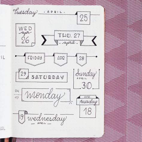 Journal Date Headers, Date Header Ideas, Bujo Banners, Date Journal, Bullet Journal Birthday Tracker, Date Headers, Funny Headlines, Bullet Journal Pages, Header Ideas