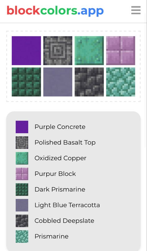 👇There you can do yourself block palettes absolutely free 🤩🤩👇 Minecraft Color Palette, Block Pallets, Interior Minecraft, Minecraft Base, Base Ideas, Minecraft Blocks, Purple Interior, Minecraft Inspo, Blue Palette