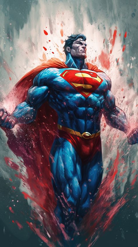 Up up and away. The Superman splash AI artwork is created by using Midjourney. League Splash Art, Superman Tattoos, Comic Superman, Superman Pictures, Superman Gifts, Superman Artwork, Superman Wallpaper, Inspired Wallpaper, Dc Comics Wallpaper