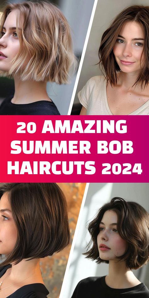 Elevate your style with 20 summer bob haircuts for 2024! These chic and trendy cuts are perfect for any occasion, from beach days to nights out. Whether you prefer a sleek, straight bob or a textured wave, these haircuts will keep you looking fashionable and cool. Dark Hair Bob Haircut Short, Beach Bob Hair, Summer Bob Haircut, Haircuts For Summer, Brunette Bob Haircut, Bob Style Haircuts, Summer Bob, Graduated Bob Haircuts, Brunette Bob