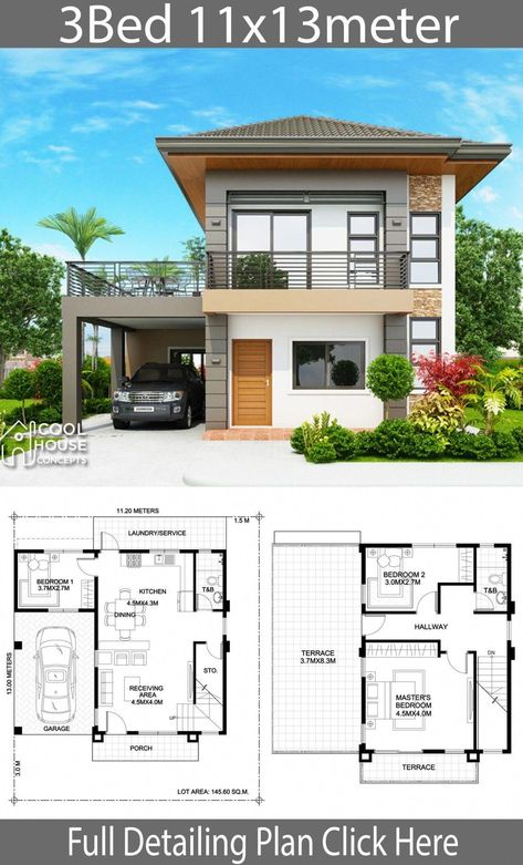 3 Bedrooms Small Home Design Plan 6x10m - Samphoas Plan E54 House Description, Philippines House Design, Two Story House Design, 2 Storey House Design, Two Story House, Modern Bungalow House, Building Plans House, Duplex House Plans, Simple House Design