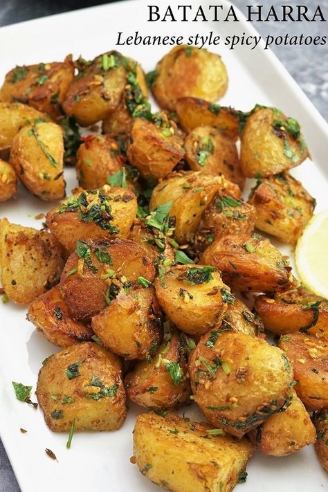 Lebanese Garlic Potatoes, Spicy Garlic Potatoes, Lebanese Batata Hara, Lebanese Spicy Potatoes, Indian Roasted Potatoes, Lebanese Potatoes Recipe, Middle Eastern Potatoes, Spicy Potatoes Recipes, Thai Potatoes