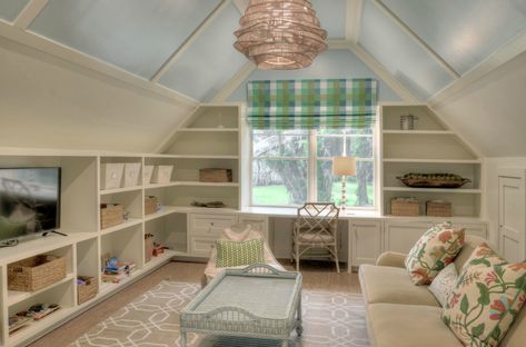 Slanted Walls Playroom, Bonus Room Slanted Walls, Built In Bonus Room, Playroom Sloped Ceiling, Playroom Slanted Ceiling, Slanted Ceiling Shelving, Slanted Ceiling Bonus Room Ideas, Finished Attic Ideas Office, Slanted Ceiling Bonus Room