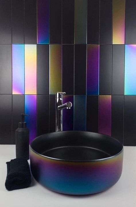 Iridescent Decor, Rainbow Tile, Pedestal Sink, Bathroom Wall Tile, Mobile Homes, Decoration Inspiration, Traditional Bathroom, Dream House Decor, Porch Ideas