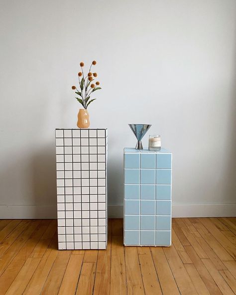 Maison Singulier on Instagram: “Handmade blue tiled cube plinth (made over a wooden vintage table) SOLD - white tiled plinth available online, check link in bio for price…” Tiled Furniture, Tile Tables, Tile Furniture, Tile Table, Diy End Tables, Diy Tile, Tables Diy, Diy Trends, Diy Furniture Table