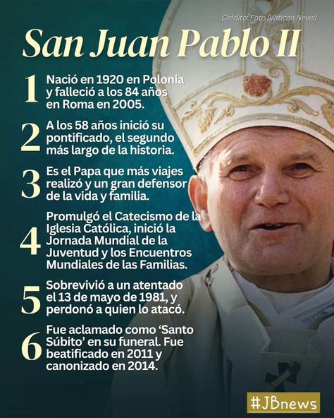 JUAN PABLO SEGUNDO TE QUIERE TODO EL MUNDO 🙏✝️🙏💖 ¡Papa San Juan Pablo II, ruega por nosotros! 🙏❤ Con motivo de su fiesta, el 22 de octubre, te compartimos algunos datos sobre la vida y obra del santo que avivó la fe en el corazón de millones de jóvenes, y se caracterizó por ser un defensor incansable de la vida y la familia. #FiestaDeHoy, #SanJuanPabloSegundo, #OremosTodos #JBnews, #SantoralDeHoy San Juan Pablo Ii, Papa Francisco, Catholic Church, Santos