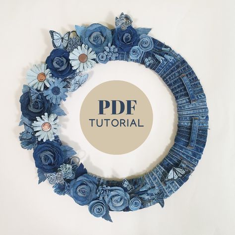 Instant Download Pattern with complete illustrated instructions. Old jeans are one of my favorite fabrics to upcycle. Discover a world of creativity with my collection of denim upcycling ideas! Transform your old jeans into stylish decor. In this tutorial I will show you how to make denim wreath with 5 different type of flowers. This is step-by-step description how I created these upcycled decor and 1 video file. The pattern is copyrighted, but you may sell items you personally make. Not for mas Denim Wreath Old Jeans, Denim Wreath, Denim Home Decor, Denim Wall Art, Upcycle Crafts Household Items, Denim Upcycle, Jean Crafts Ideas, Denim Wreaths, Artisanats Denim