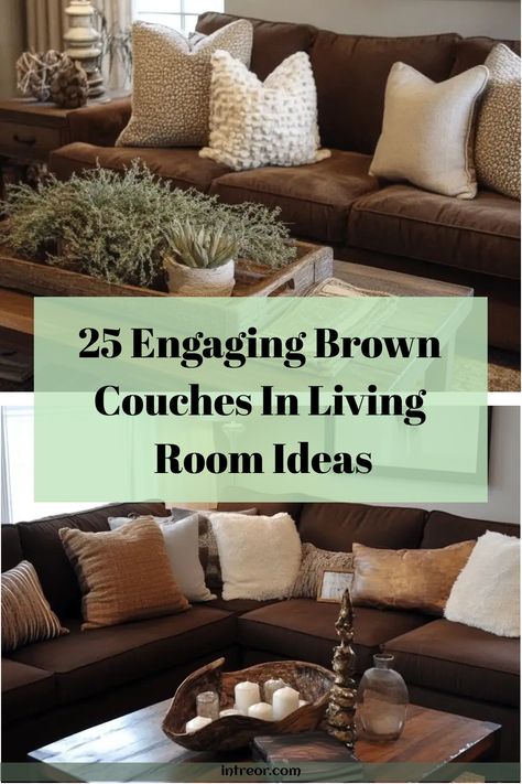 Looking to spruce up your living room with a cozy touch? Incorporate a brown couch into your decor for a warm and inviting feel. Whether it's a leather sofa or fabric couch, there are endless possibilities for styling. Check out these inspiring brown couch living room ideas to find the perfect look that suits your style and space. From earthy tones to vibrant accents, you can create a cozy retreat that exudes comfort and style. Farmhouse Living Room With Brown Sectional, Decorate With Brown Couch, Brown Couch Aesthetic Living Room, Reddish Brown Leather Couch Living Room, What Color Throw Pillows Go With A Brown Couch, Dark Couches With Light Decor, Brown Velvet Living Room, Brown Couch Coffee Table, Rugs To Go With Brown Couch