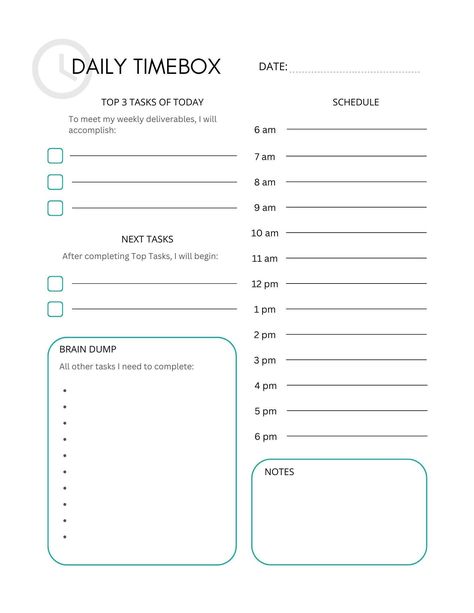 Daily Timebox Planner Printable PDF Template To-do List Time Management Productivity Organization Simple Digital Download - Etsy Canada | Timeboxing, Time management, Time management planner Time Management Planner Daily Routines, Time Organization Printables, Time Management Journal, Daily Task Template, Time Management Sheets Daily Planners, Daily Schedule Template Time Management, Timeboxing Template, Time Management Sheet, Timeboxing Planner