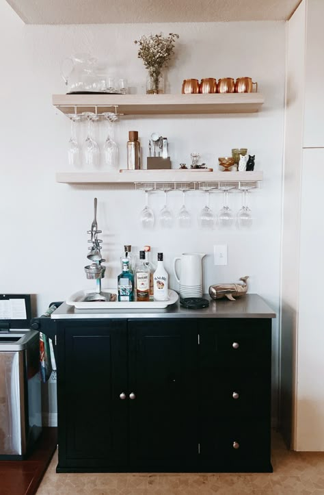 Floating Shelves Wine Bar, Floating Shelves Glassware, Bar Cabinet Floating Shelves, Ikea Floating Shelf Kitchen, Drybar With Floating Shelves, Glass Hanging Shelves, Floating Shelves Over Bar Cart, Bar Cabinet With Floating Shelves Above, Kitchen Bar Floating Shelves