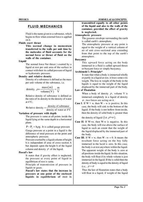 Fluid mechanics formulas for Class 11 Physics | PW