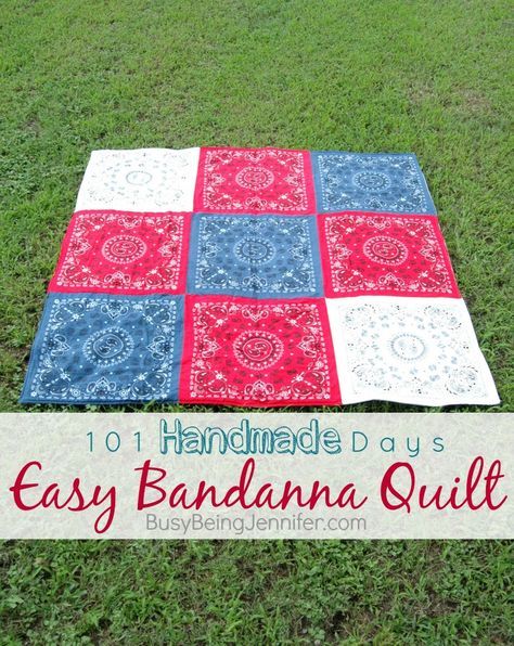 101 Handmade Days: Bandanna Quilt - Busy Being Jennifer Bandanna Quilt, Bandana Quilts, Bandana Quilt, Bandana Crafts, Bandanas Diy, Bandana Blanket, Mixing Patterns, Sewing Basket, Tshirt Quilt