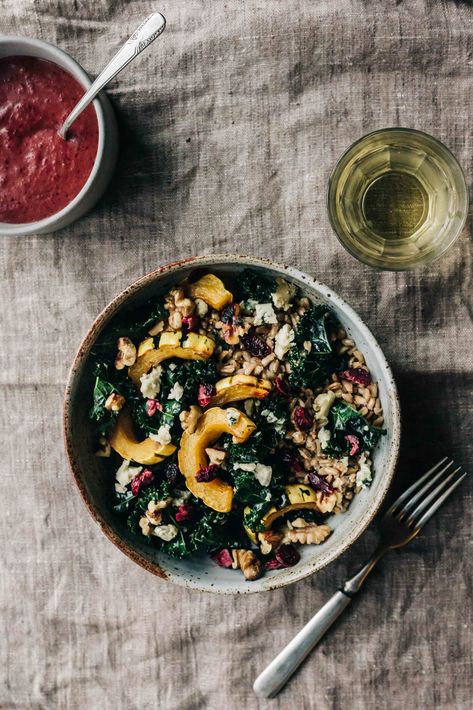 Thanksgiving Recipe Roundup - Dishing Up the Dirt Cranberry Dressing, Roasted Delicata Squash, Celery Salad, Farro Salad, Squash Salad, Delicata Squash, Good Roasts, Vegetarian Salads, Grain Bowl