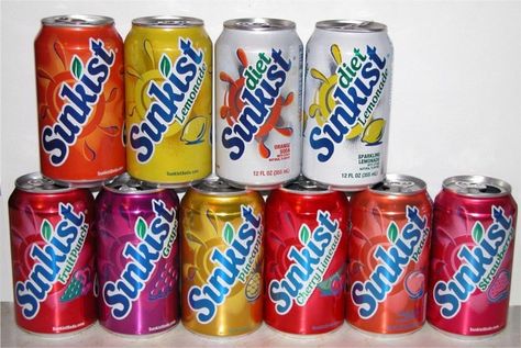 https://flic.kr/p/51rJwi | Sunkist cans -- Misc Flavors | 2008.  This is pretty much all the flavors offered.  The Sunkist Lemonade (especially Diet) is almost impossible to find.  Sunkist is owned by Dr Pepper/7Up.  I got this picture from a guy on the BevBoard at Bevnet.com named Wonka Pete.  Dude's a soda legend.  He goes on these journeys across country and finds all these cool drinks even I've never seen before. Printable Christmas Ornaments, Cool Drinks, Themed Desserts, Vintage Packaging, Packaging Labels Design, Beverage Packaging, Dr Pepper, Coors Light Beer Can, Soda Pop