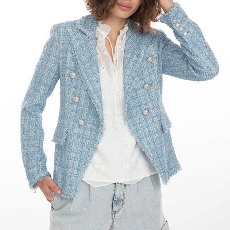 Valentina on Instagram: “Our new favorite spring jacket has arrived! @generationloveclothing” Blue Tweed Jacket Outfit, Blue Tweed Blazer, Tweed Jacket Outfit, Blue Tweed Jacket, Ladybug Outfits, Tweed Jackets, Blue Tweed, Dark Light, Tweed Coat