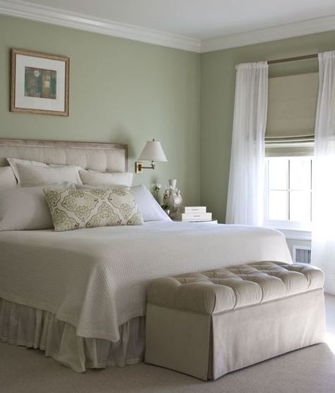 This would make a comfortable guest room. - Design by Kate Singer Light Green Bedrooms, Sage Bedroom, Cream Bedroom, Green Bedroom Walls, Green Bedroom Design, Green Bedroom Decor, Bedroom Dark, Peaceful Bedroom, Room Dark