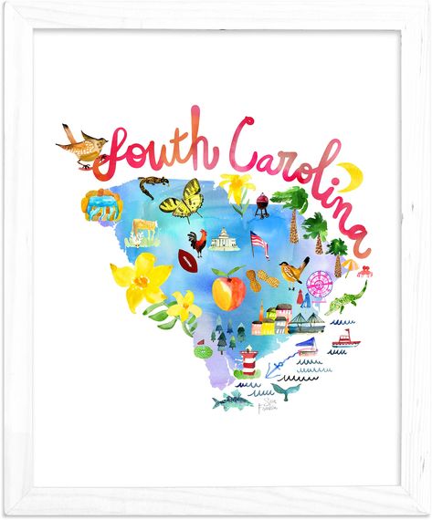 Celebrate your love for travel and adventure with our vibrant watercolor maps. Featuring hand-painted illustrations of iconic state symbols, each map captures the spirit of exploration and wanderlust. Printed on premium, archival paper, these maps make the perfect gift or statement piece for any room.Ideal for travel enthusiasts, airbnb'ers, couples, military families, and college students, our watercolor maps add a personalized touch to living rooms, dorm decor, and bedrooms. Create your perfec South Carolina Map Art, South Carolina Map, South Carolina Art, Travel Gallery Wall, State Map Art, Travel Wall Decor, State Symbols, Art Essentials, Branding Inspo