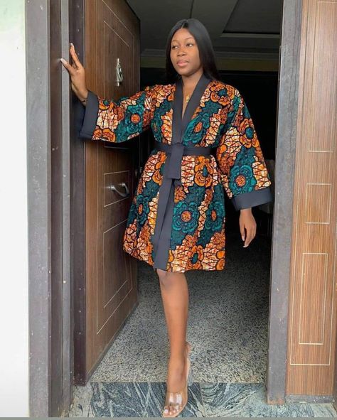 African Shift Dress, Kimono Jumpsuit, Women Attire, Blouse For Wedding, Simple Mini Dress, African Print Kimono, Diy Belt For Dresses, Classy Short Dresses, Ankara Short