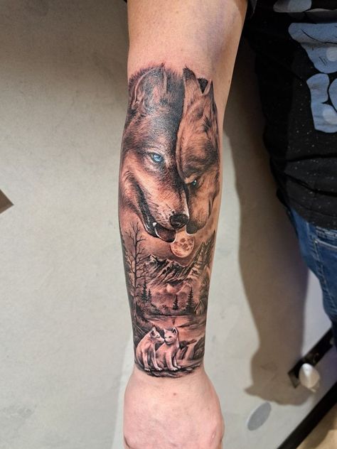 Wolf Tattoo For Men Arm, Upper Arm Wolf Tattoo Men, Father Son Wolf Tattoo, Family Of Wolves Tattoo, Tattoo Ideas Wolf Women, Arm Tattoo Men Wolf, Wolf And Pup Tattoo For Women, Contemporary Tattoo Design, Wolf Tattoo For Women Half Sleeves