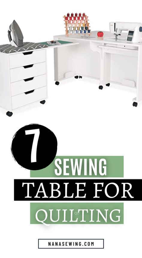 Find the perfect sewing table for quilting with these 7 choices. Whether you need a craft table for a small space or a sewing table for your dream sewing room, these are some of the best on the market today. Sewing Table For Janome M7, Sewing Table With Storage, Sewing Tables Ideas Work Stations Diy, Portable Sewing Table, Sewing Tables Ideas Work Stations, Sewing Station Ideas Small Spaces, Sewing Table Ideas Diy, Sewing Table Ideas, Folding Sewing Table