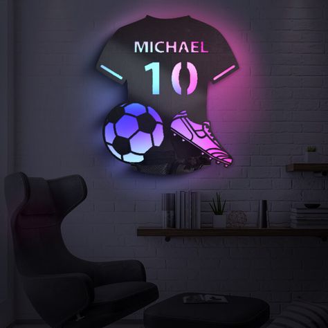 Personalized Name Football Player Mirror Wall Light Bedroom Decor Boys Football Bedroom, Soccer Themed Bedroom, Light Bedroom Decor, Football Lights, Soccer Room, Football Bedroom, Ball Room, Led Lighting Bedroom, Teen Boy Room