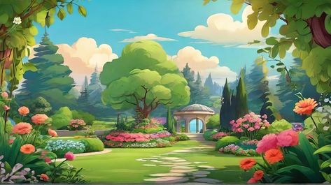 Cartoon Garden Background, Garden Cartoon, Cartoon Garden, Popular Paintings, Cartoon Background, Little Garden, Green Garden, Background Illustration, Painting Photos