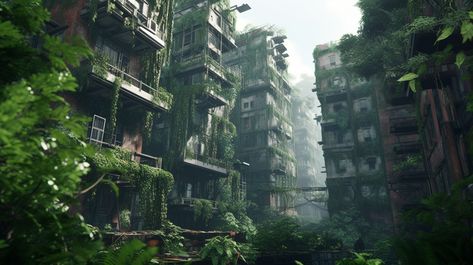 Nature Reclaimed City, Plant City Aesthetic, Plants Taking Over Buildings, Overgrown Computer, City Covered In Plants, City Overtaken By Nature, Overgrown City Concept Art, Overgrown City Art, Overgrown City Aesthetic