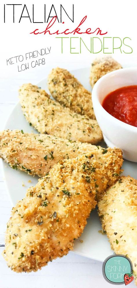 These Italian Chicken Tenders are lightly breaded in Italian seasonings, spices, and even parmesan! Baked to perfection and enjoyed along side your favorite Italian sauce for dipping. TheSkinnyFork.com | Skinny & Healthy Recipes Chicken Tenderloin Parmesan Recipe, Lightly Breaded Chicken Tenders, Italian Chicken Tenders, Italian Night Dinner, Italian Marinated Chicken, Air Fried Chicken Tenders, Easy Entrees, Parmesan Chicken Tenders, Easy Marinara Sauce