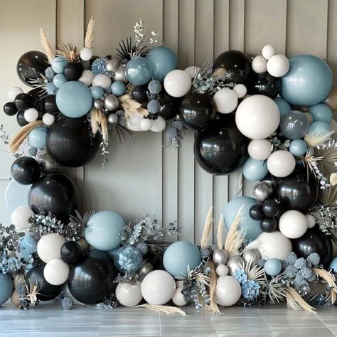 Power Supply:None \nColor:Blue \n Blue Black And Silver Party Decorations, Dusty Blue Birthday Party, Balloon Decorations For Birthday Men, Blue And Black Balloons, Black Silver Balloon Garland, Pastel Balloon Arch, Silver Balloon Garland, Bday Themes, Black And White Balloons