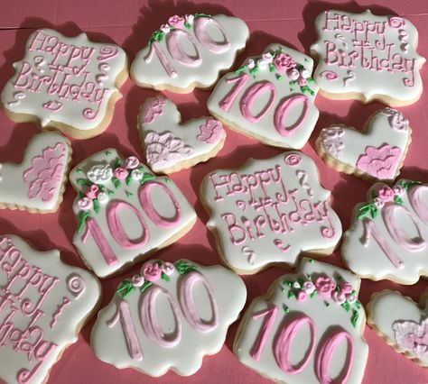 100th Birthday decorated cookies 100th Birthday Party Centerpieces, 100 Year Old Birthday Cookies, 100th Birthday Cookies Decorated, 100th Birthday Cookies, 100th Birthday Party Ideas, 100th Birthday Party Decorations, Happy 100th Birthday, Birthday Souvenir, 100th Birthday Party