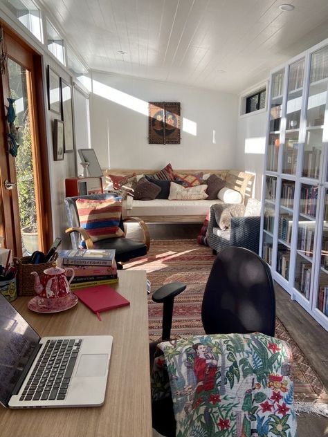 Home Writing Studio, Writing Shed Backyard Studio, Inside She Shed Ideas Office, Backyard Office Interior, Writing Studio Ideas, Outdoor Office Shed Interior, Renovated Shed, Backyard Library Shed, Writing Studio Workspaces