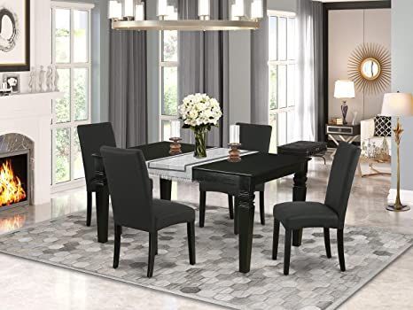 5Pc Rectangle 42/60 Inch Kitchen Table With 18 In Self Storing Butterfly Leaf And Four Parson Chair With Black Finish Leg And Linen Fabric- Black Color Kitchen Dinette Sets, Rectangle Dining Room Table, Medium Kitchen, Dining Table Dimensions, Comfortable Kitchen, Dinette Tables, Solid Wood Dining Set, Dinette Sets, Contemporary Dining Table