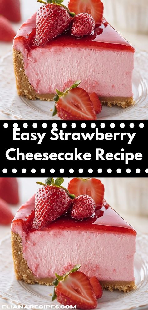 This easy strawberry cheesecake recipe features a delightful blend of cream cheese and ripe strawberries, set on a crumbly graham cracker base. Perfect for gatherings or a sweet indulgence at home. No Bake Strawberry Cheesecake Pioneer Woman, Strawberry Cheesecake Recipe Baked, Strawberry Champagne Cheesecake, Strawberry Cheesecake Decoration Ideas, Strawberry Crunch Cheesecake Cake, Strawberry Cheesecake Fudge Recipe, Cheesecake Recipes Strawberry, Strawberry Topping For Cheesecake, Strawberry Cheesecake Recipe Easy